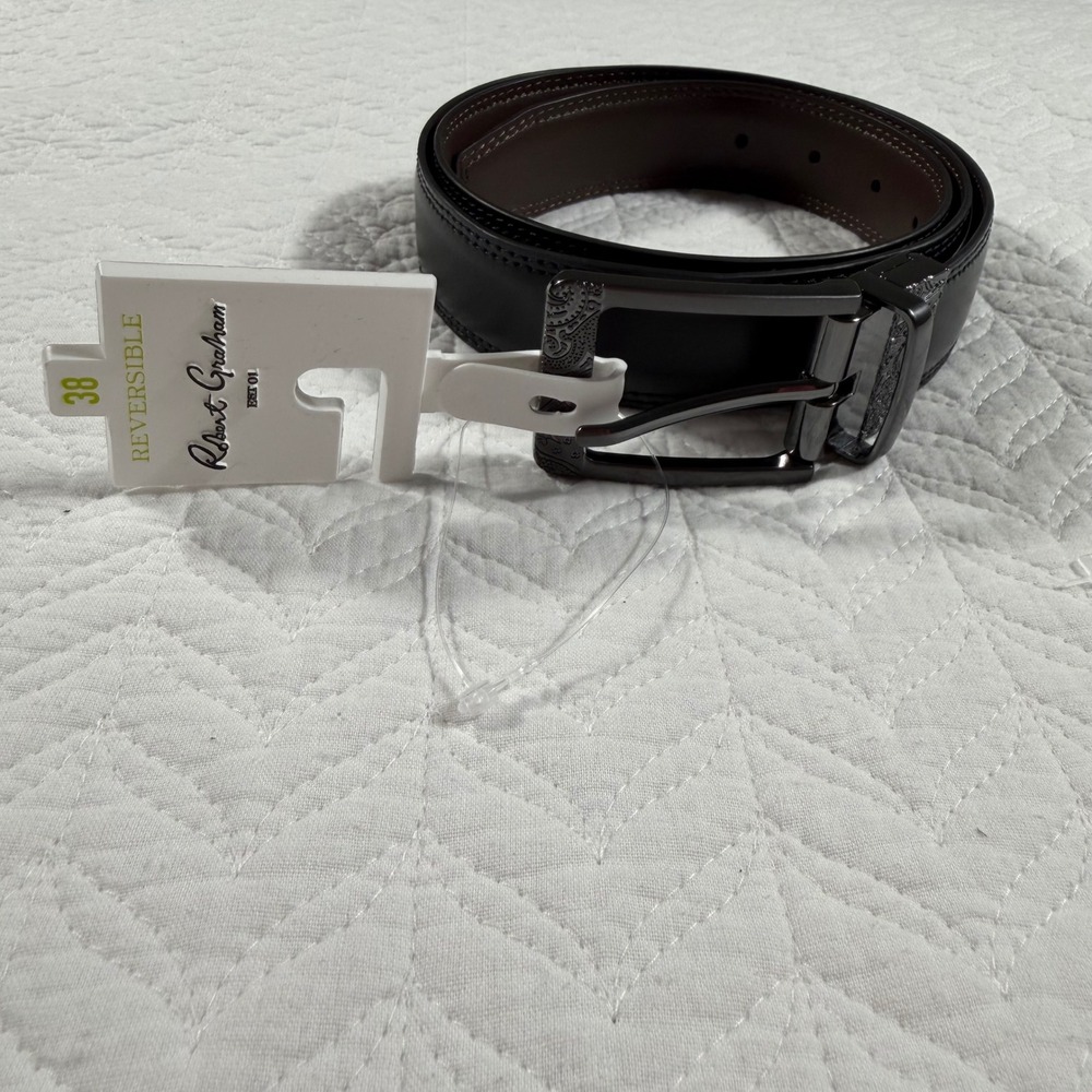 Robert Graham Reversible Leather Belt Mens Sz 38 Black Brown Paisley Buckle NWT